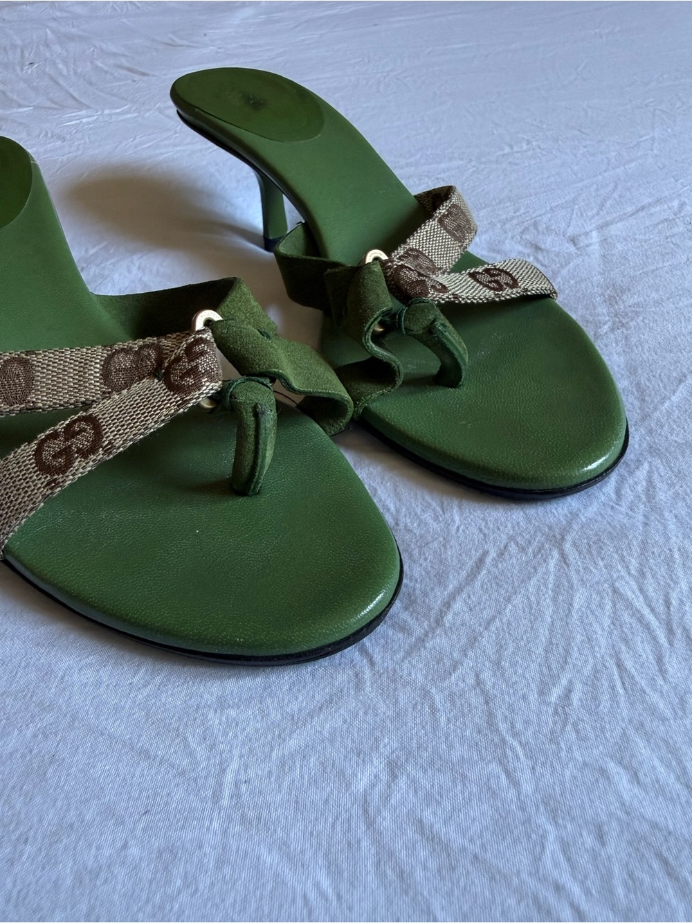 Gucci Tom Ford era Green/Brown GG Canvas with Suede mules/sandals on kitten heel - Picture 7 of 16